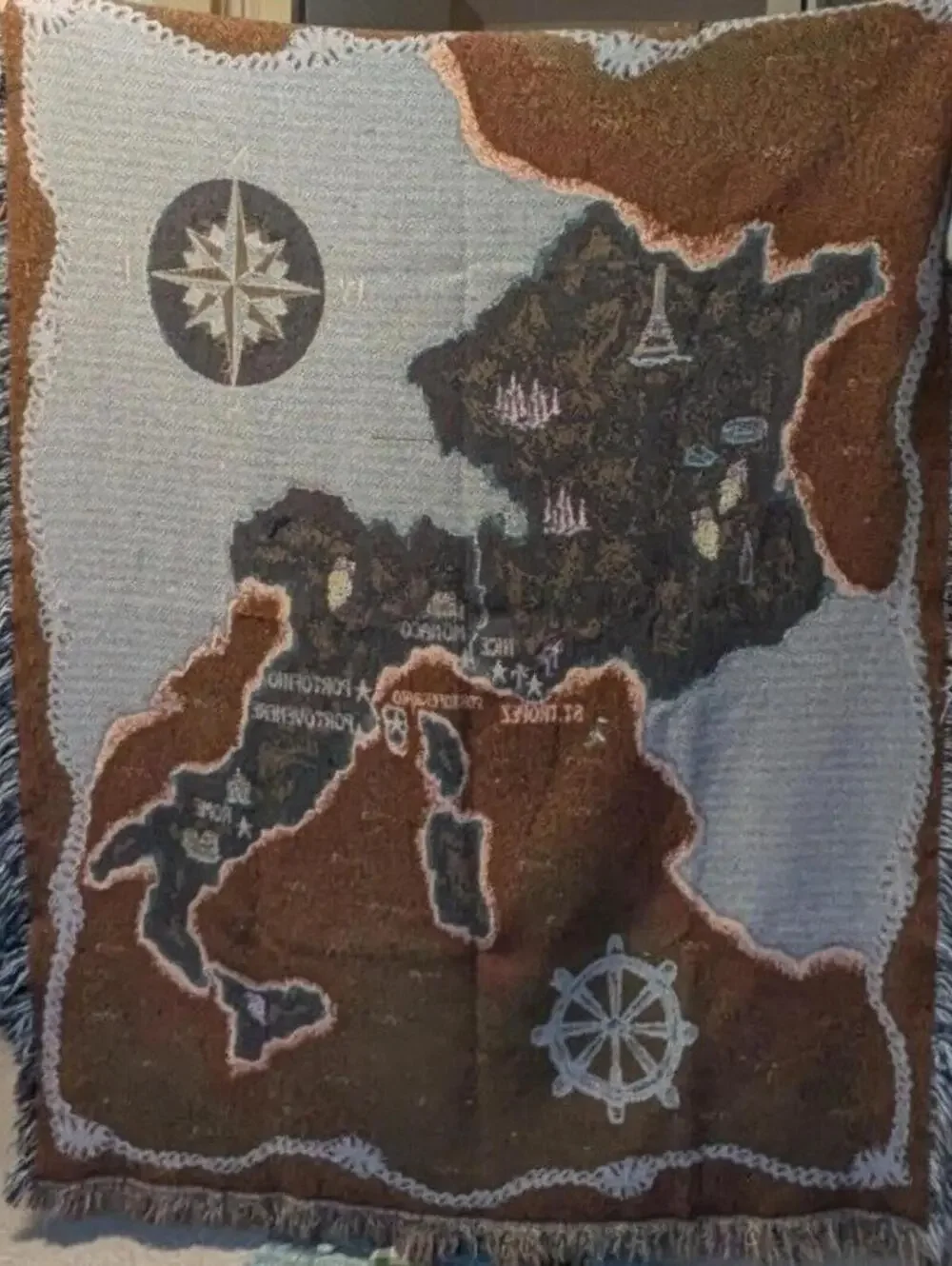 Vintage Woven Map Tapestry Throw Blanket France Italy Mediterranean 50x64 Fringe